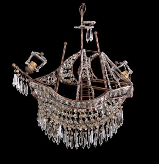 Appraisal: Whimsical Italian Copper and Cut Glass Frigate-Form Chandelier the copper