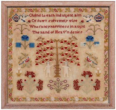 Appraisal: Adam and Eve needlework tree and serpent four-line verse flanked