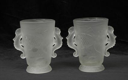 Appraisal: Pair of Lalique Molded and Frosted Glass Vases with Seahorse-Form