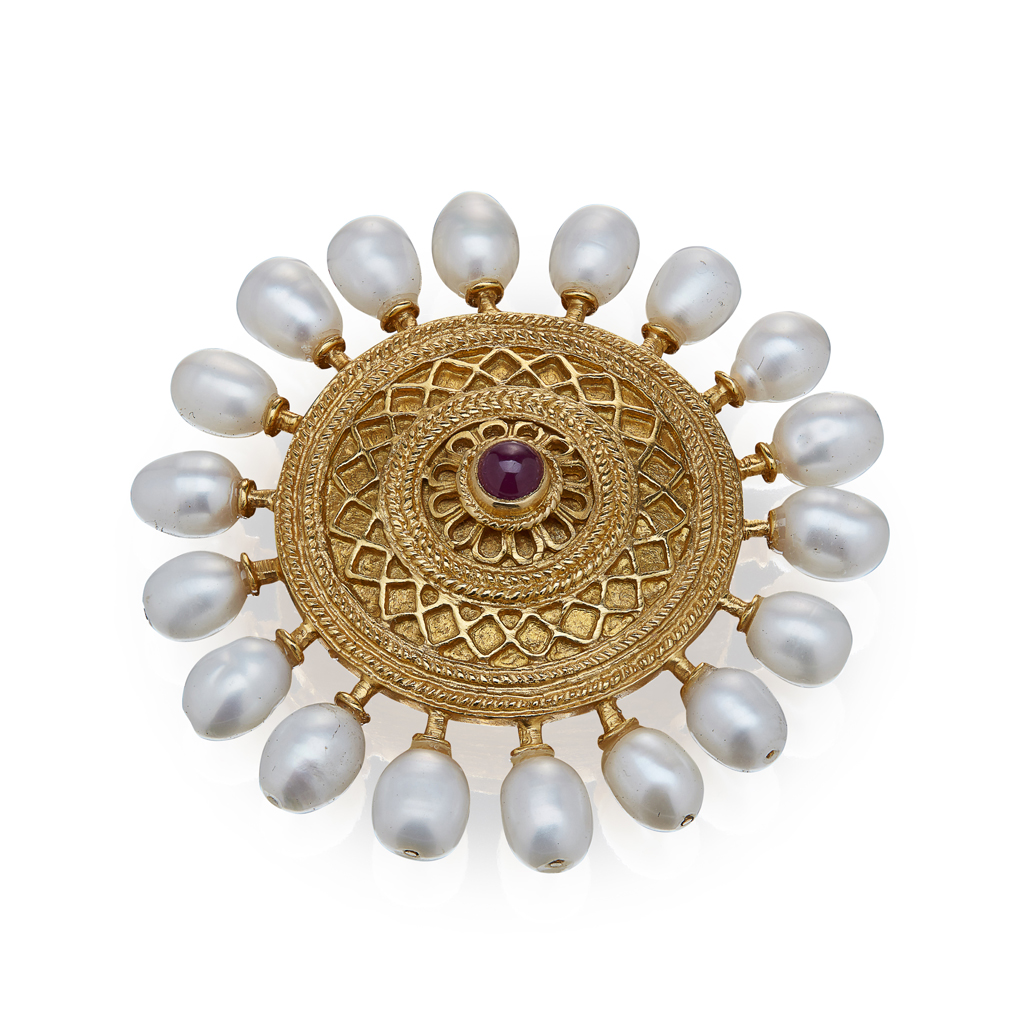 Appraisal: LALAOUNIS - A pearl and ruby set brooch in the