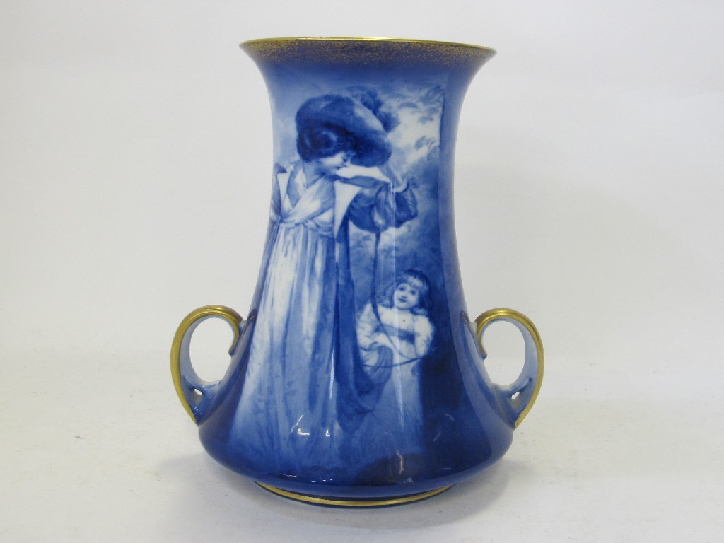 Appraisal: Royal Doulton blue and white vase depicting a lady and