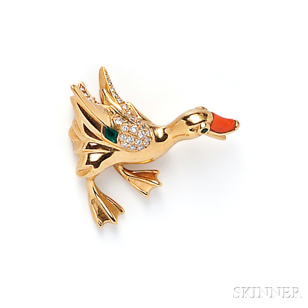 Appraisal: kt Gold Gem-set Duck Brooch Cartier France with coral beak