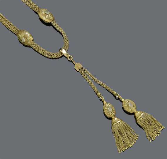 Appraisal: NECKLACE France ca Three-colour gold g Double-row plait-chain the sides