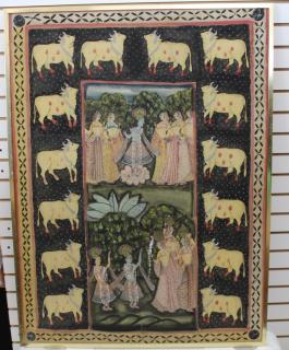 Appraisal: Vintage India Painted Cloth Scene Vintage India Painted Cloth Scene