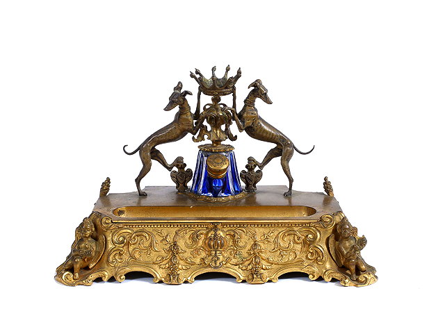 Appraisal: A TH CENTURY GILT INK STAND the blue flash glass