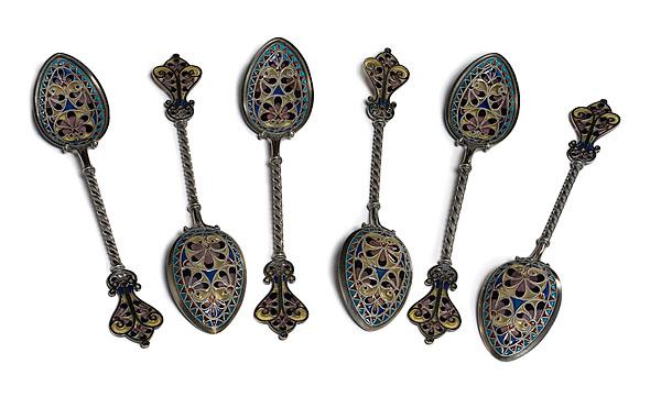 Appraisal: SIX PLIQUE A JOUR ENAMEL SILVER SPOONS late th-early th