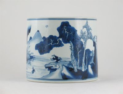 Appraisal: A Chinese blue and white brushpot painted with a fisherman