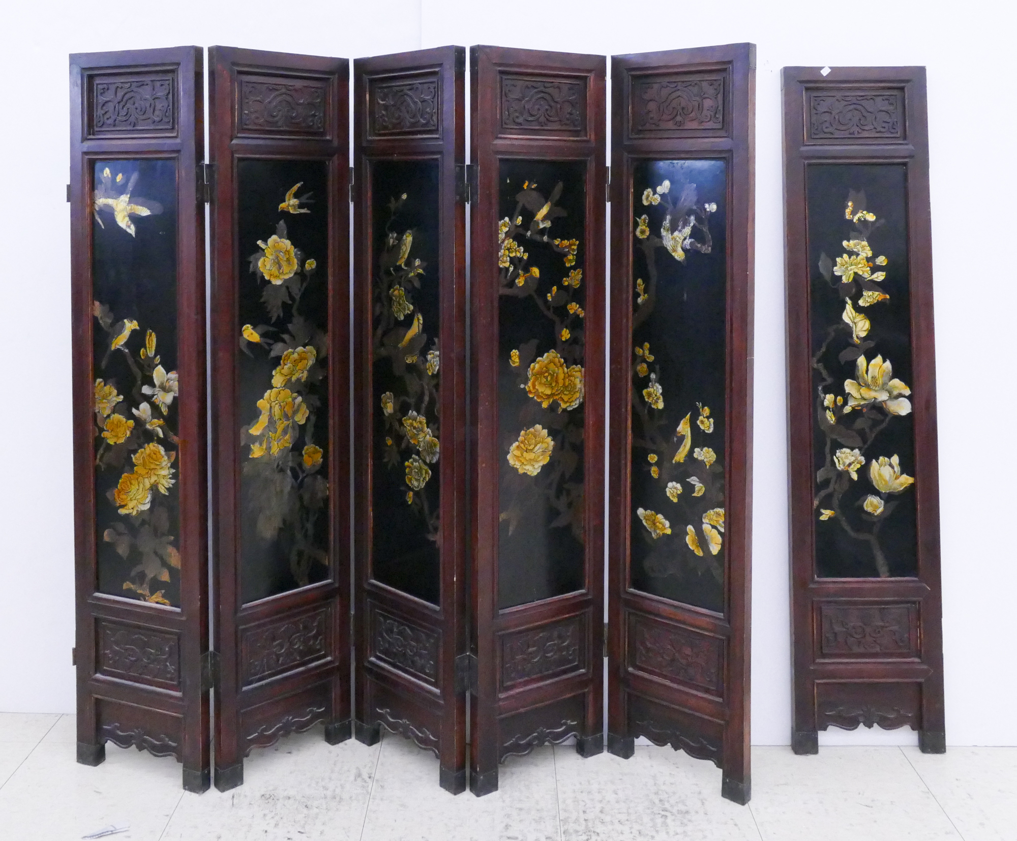 Appraisal: Chinese Lacquered Wood Panel Screen- x '' with one loose