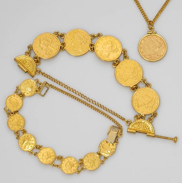 Appraisal: A collection of high karat gold and gold coin jewelry