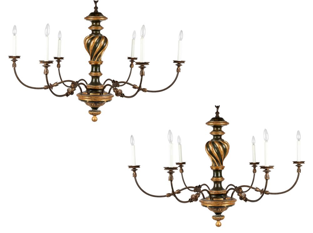 Appraisal: PAIR OF MICHAEL SMITH SIX-LIGHT CHANDELIERSpainted and gilt wood Provenance