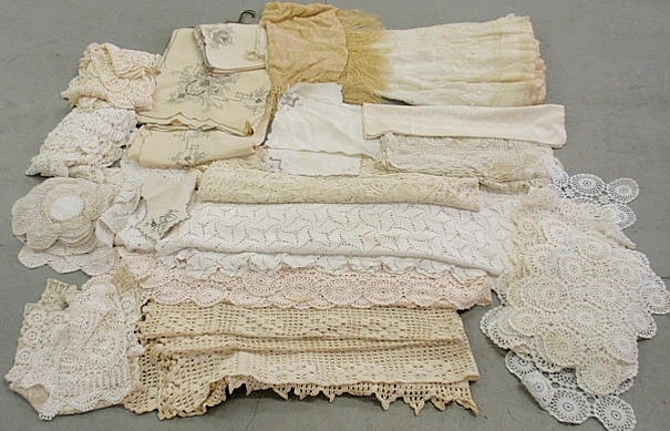 Appraisal: Box lot table linens crochet spreads vintage half-slip silk fringed