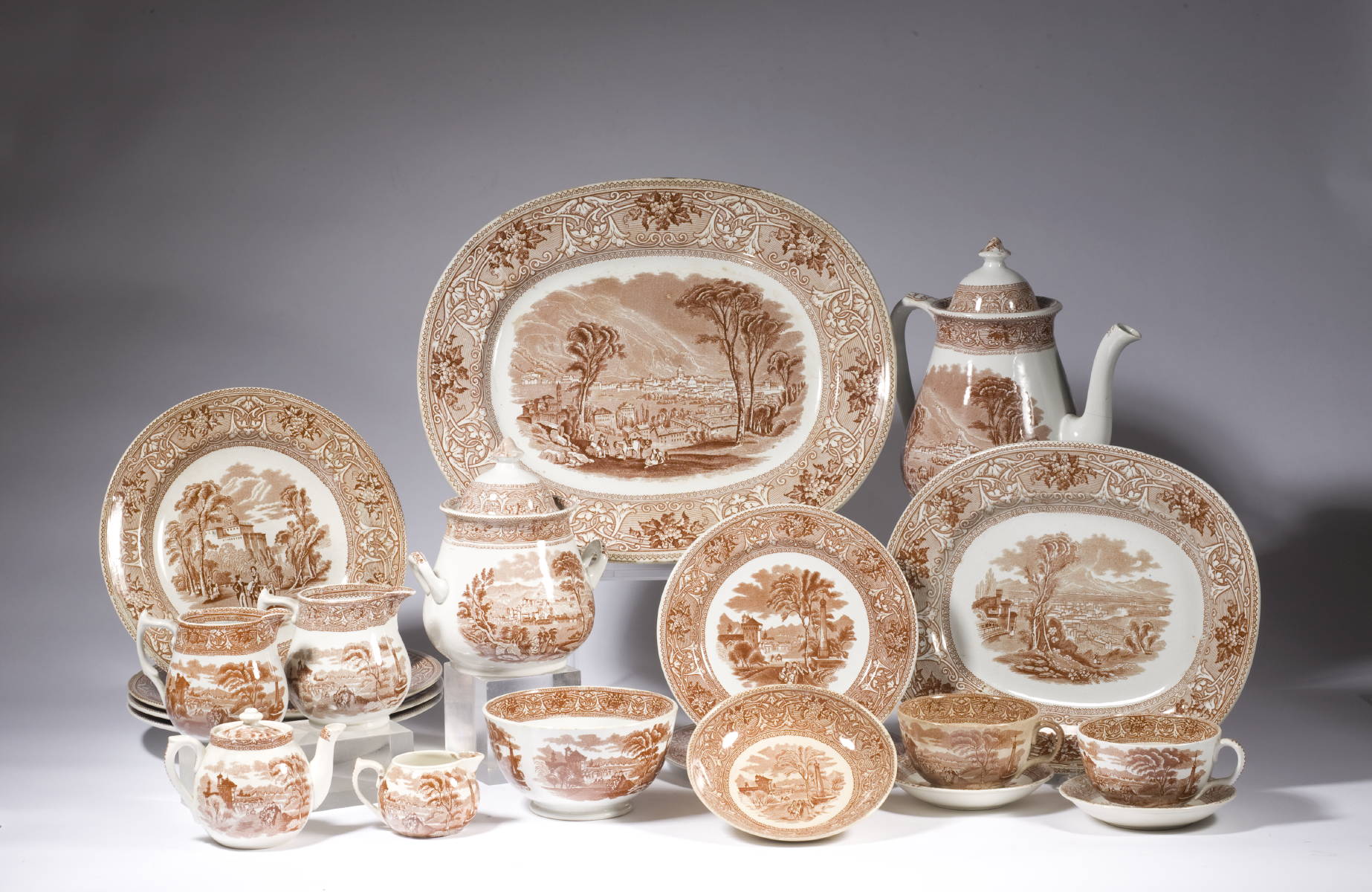 Appraisal: ENGLISH BROWN TRANSFER-PRINTED PARTIAL DINNER SET WITH ITALIAN LANDSCAPE E