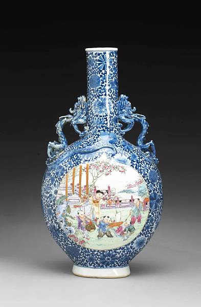 Appraisal: A blue and white porcelain moon flask with famille rose