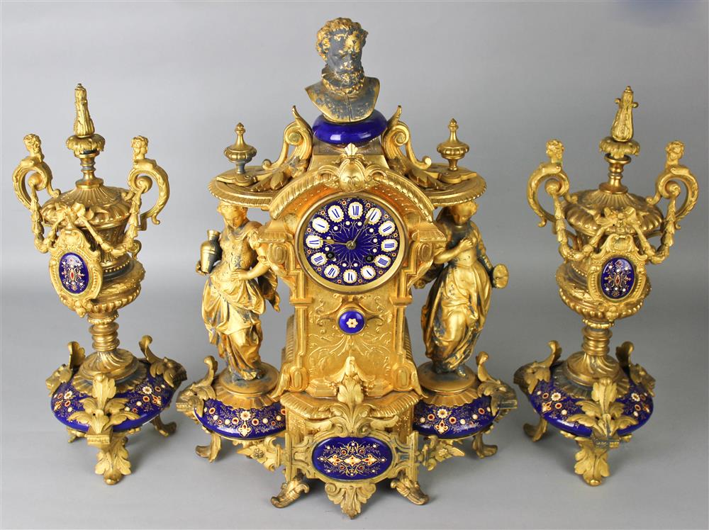 Appraisal: NAPOLEON III GILT BRONZE AND ENAMEL CLOCK GARNITURE the works