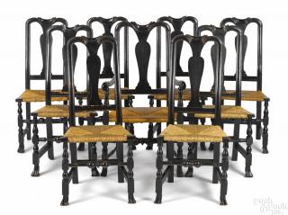 Appraisal: Assembled set of nine Queen Anne painted rush seat dining