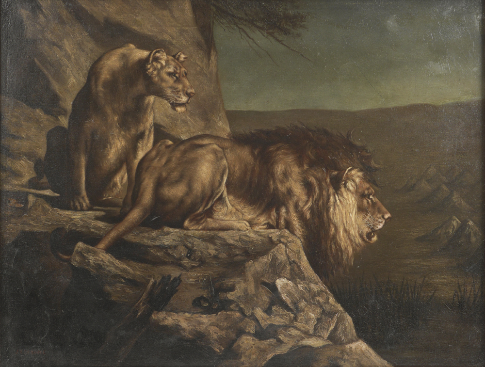 Appraisal: EXCEPTIONAL PAINTING OF LIONS HUNTING AT TWILIGHT Oil on Canvas