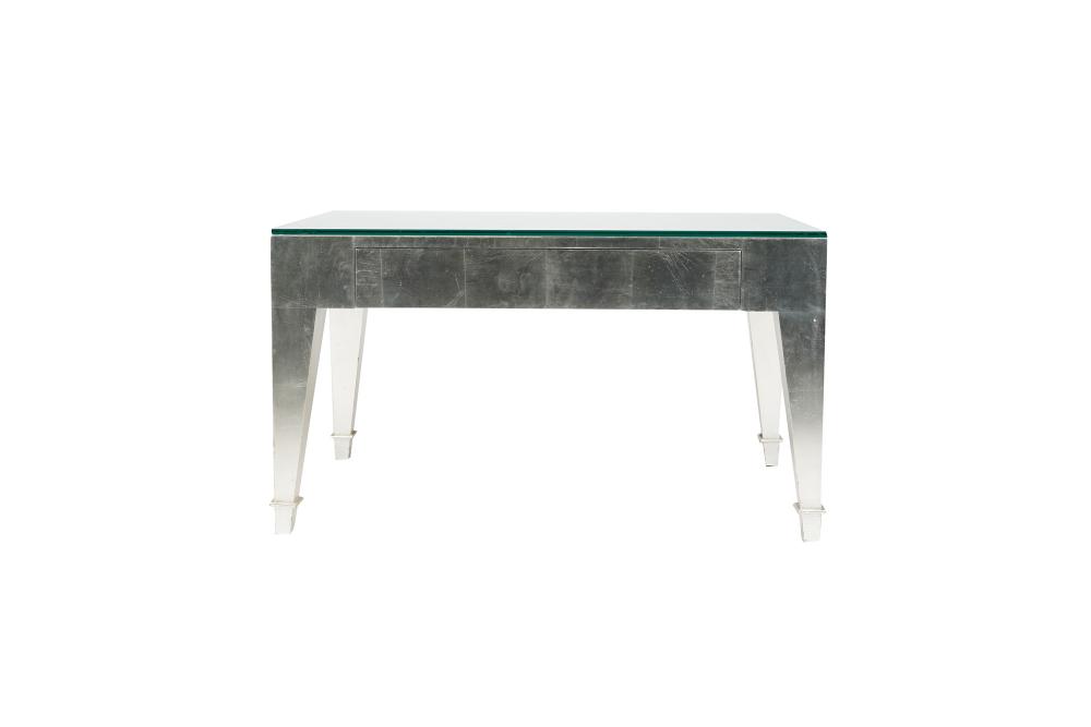 Appraisal: SILVER LACQUERED COFFEE TABLEwith faux shagreen inset top beneath a