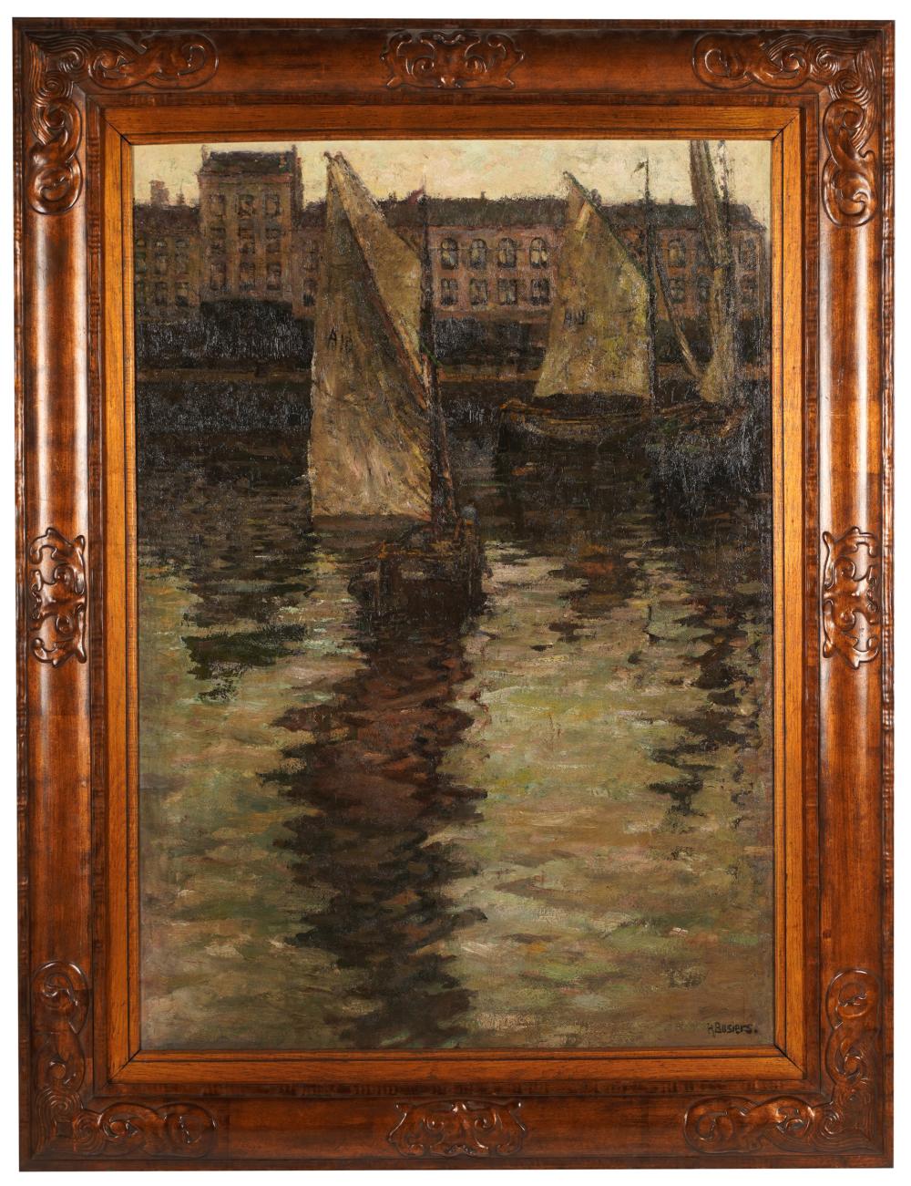 Appraisal: RENE BOSIERS - BOATS IN HARBORoil on canvas signed lower