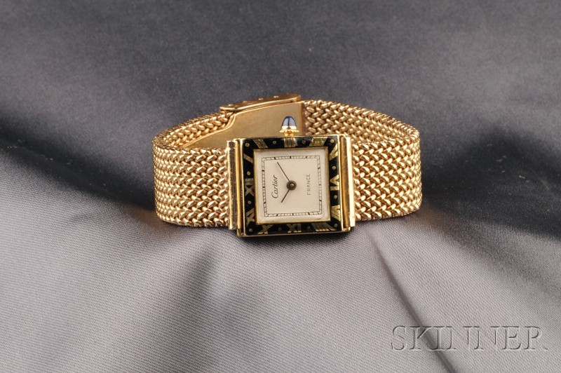 Appraisal: kt Gold and Enamel Wristwatch Cartier with ivorytone dial black