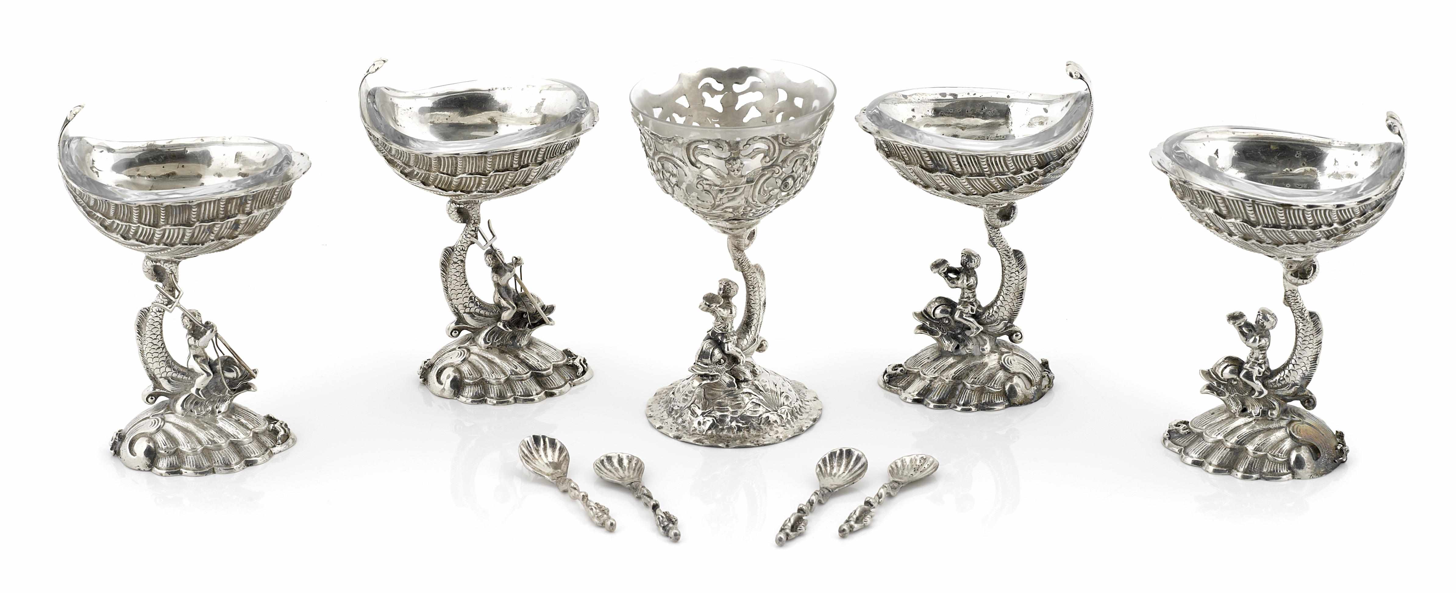 Appraisal: A set of four German cast-silver figural pedestal salt cellars