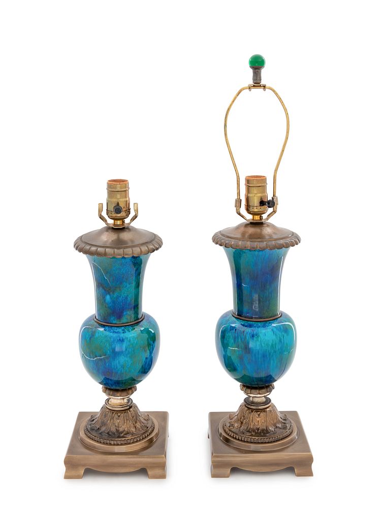 Appraisal: A Pair of French Turquoise and Green Glazed Urn Lamps