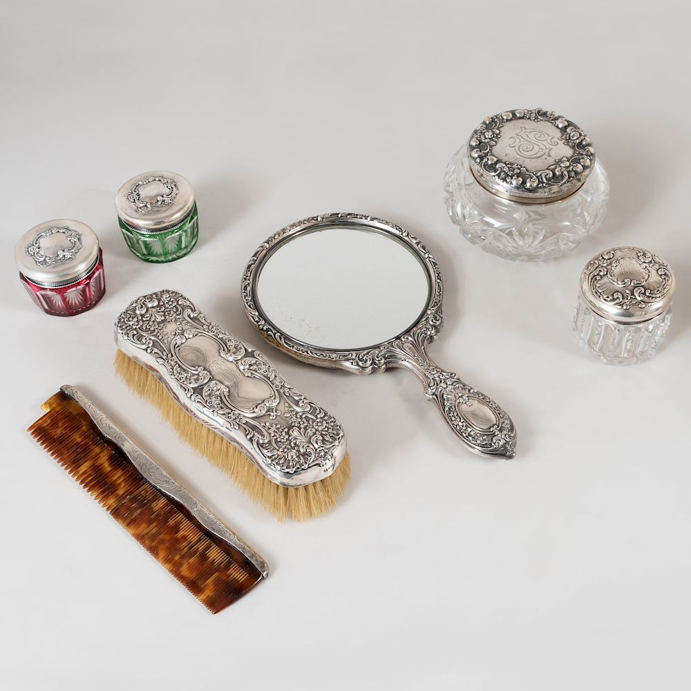 Appraisal: Assembled Group of American Silver Mounted Toilette Articles Each marked