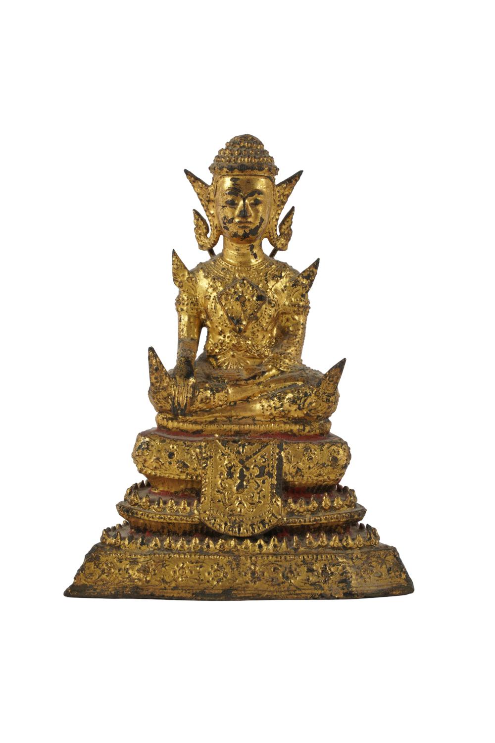 Appraisal: THAI GILT-BRONZE FIGURE OF BUDDHAdepicted seated on a tiered lotus