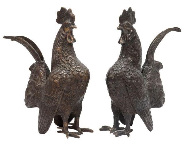 Appraisal: pair Patinated bronze sculptures Roosters in the manner of Jules