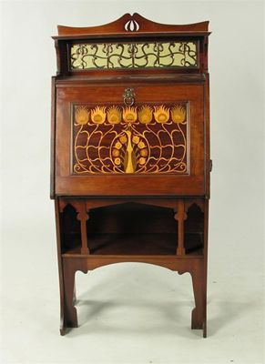 Appraisal: An Arts and Crafts Shapland Petter inlaid bureau with stylised