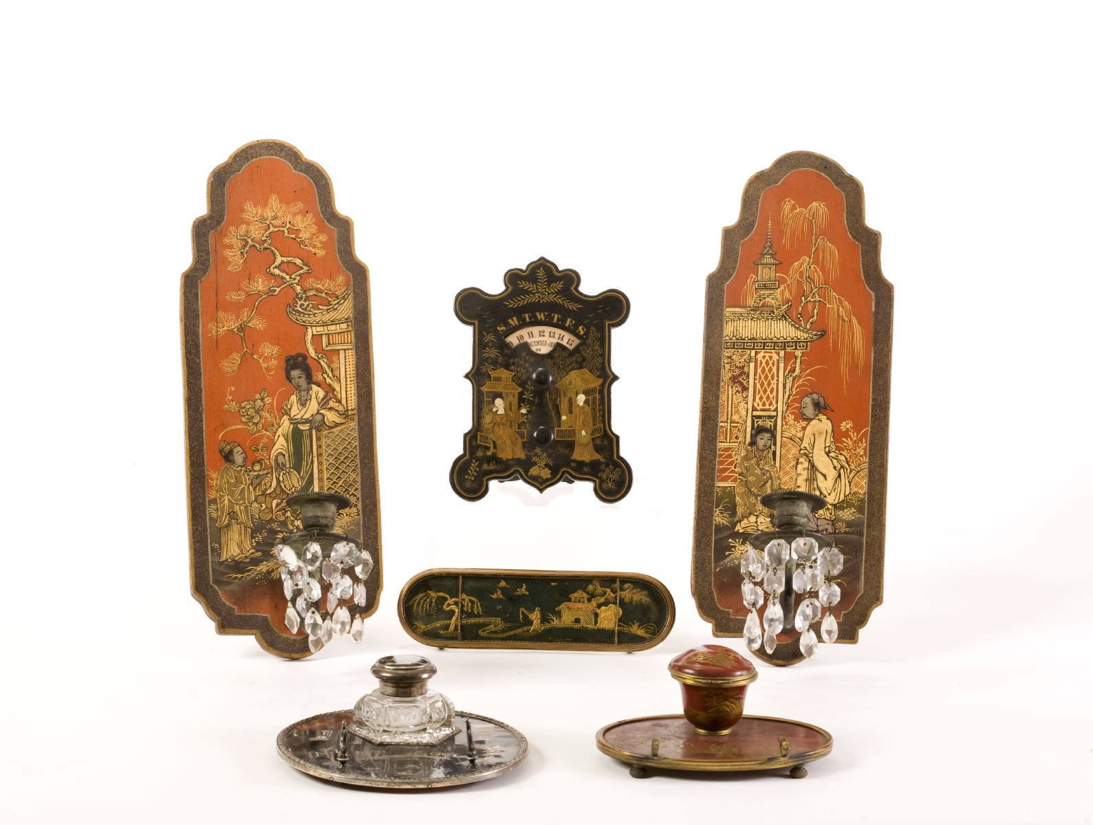 Appraisal: PAIR OF JAPANNED SCONCES TWO INKWELLS A PEN TRAY AND