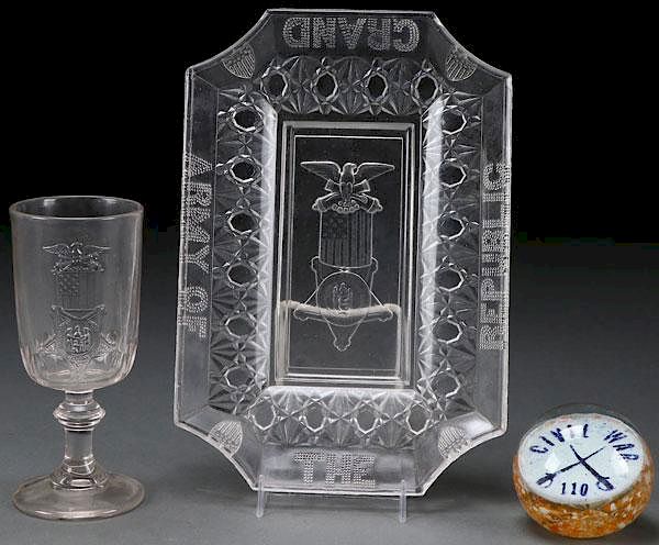 Appraisal: THREE RARE CIVIL WAR GAR GLASS SOUVENIRS THREE RARE CIVIL