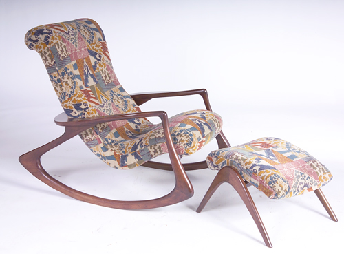 Appraisal: VLADIMIR KAGAN Rocking chair and ottoman on sculptural cherry frames