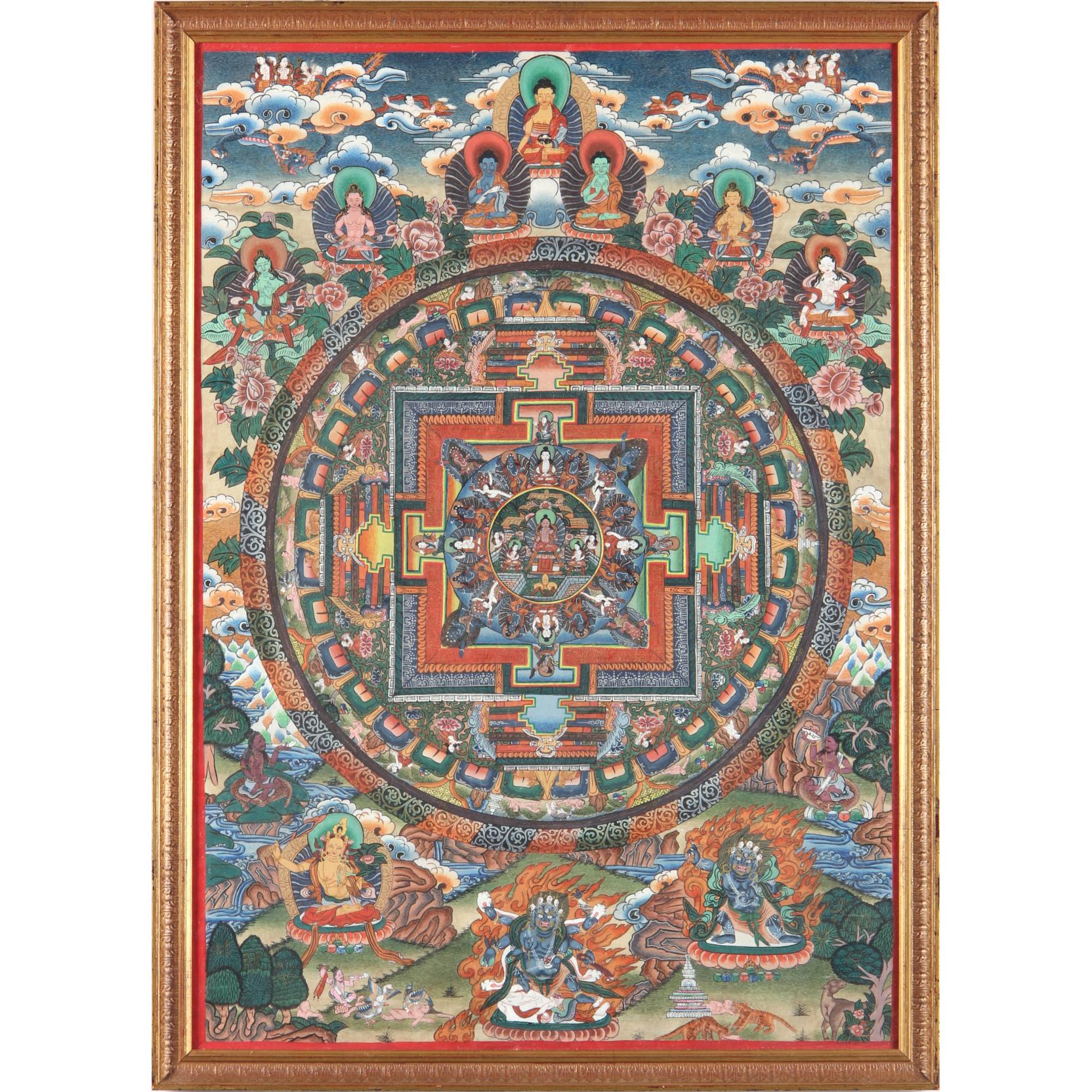 Appraisal: Tibetan Thangka Painting ornately decorated Tibetan thangka painting color on