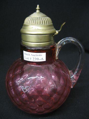 Appraisal: Victorian Cranberry Art Glass Syrup Pitcher overall diamond excellent