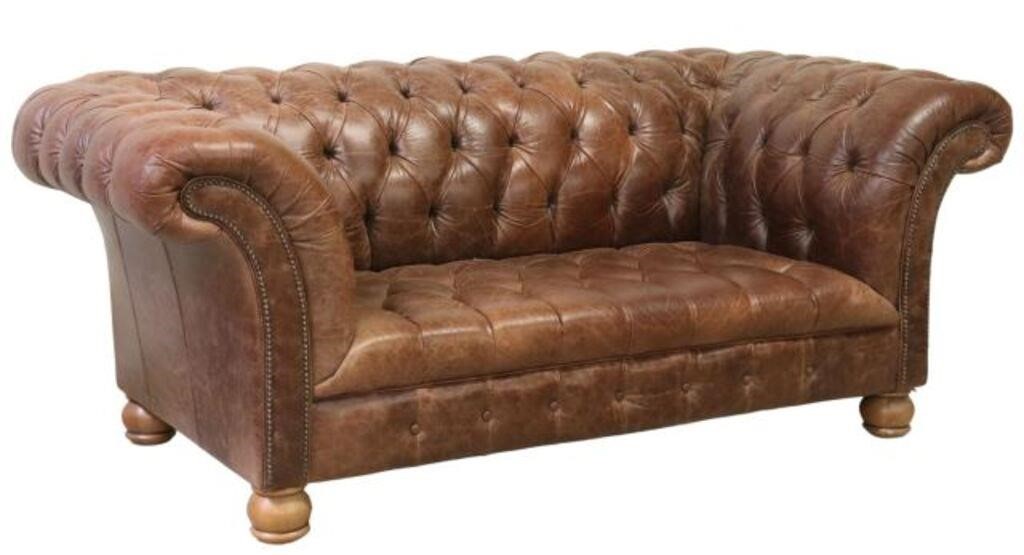 Appraisal: English Chesterfield style sofa th c in brown button-tufted leather