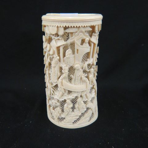 Appraisal: Chinese Carved Ivory Piece elaborate workmanship with villagers landscape diameter