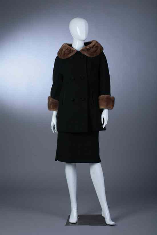 Appraisal: VINTAGE MONSIEUR JACQUES BLACK WOOL MINK-TRIMMED COAT AND PENCIL SKIRT