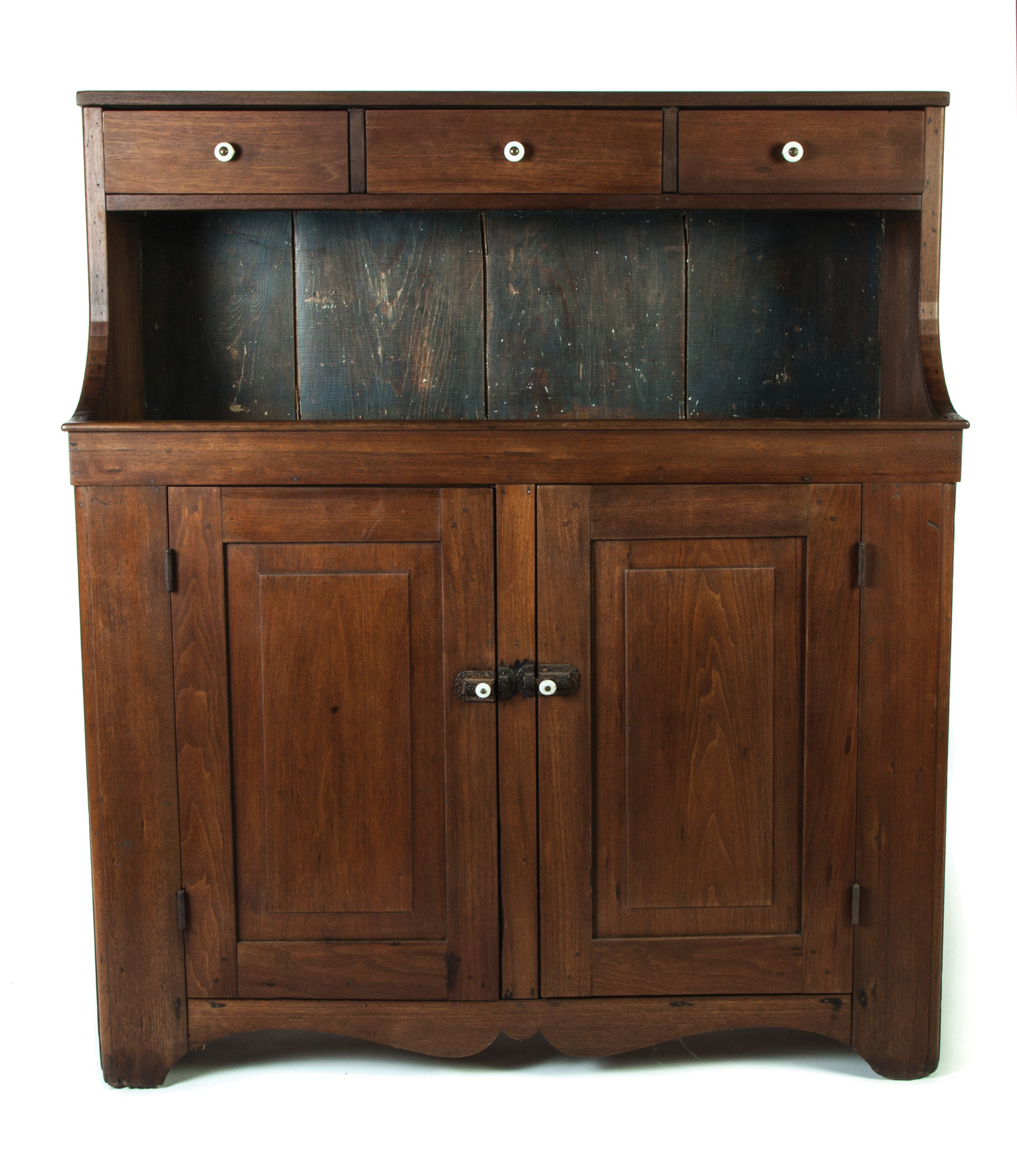 Appraisal: COUNTRY HUTCHBACK DRYSINK Walnut with pine secondary Three drawers across