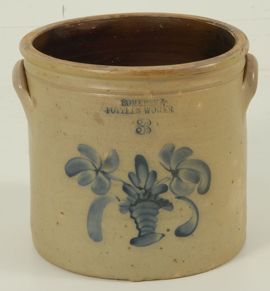 Appraisal: THREE-GALLON TWO-HANDLED STONEWARE CROCK American Mid- th CenturyBy Somerset Potters