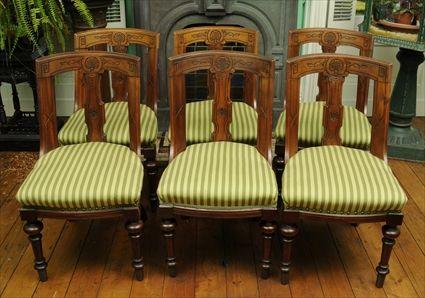 Appraisal: SIX ENGLISH RENAISSANCE REVIVAL INCISED WALNUT DINING CHAIRS Each with