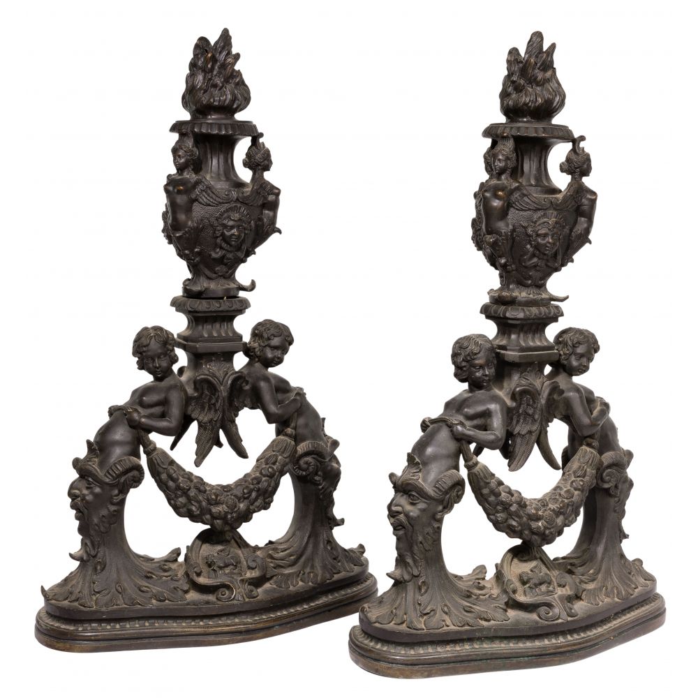 Appraisal: NEOCLASSICAL REVIVAL GREEN MAN ANDIRONSMatched pair each depicting a torch