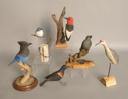 Appraisal: Six bird carvings sanhill crane signed Jim Pat Slack catbird