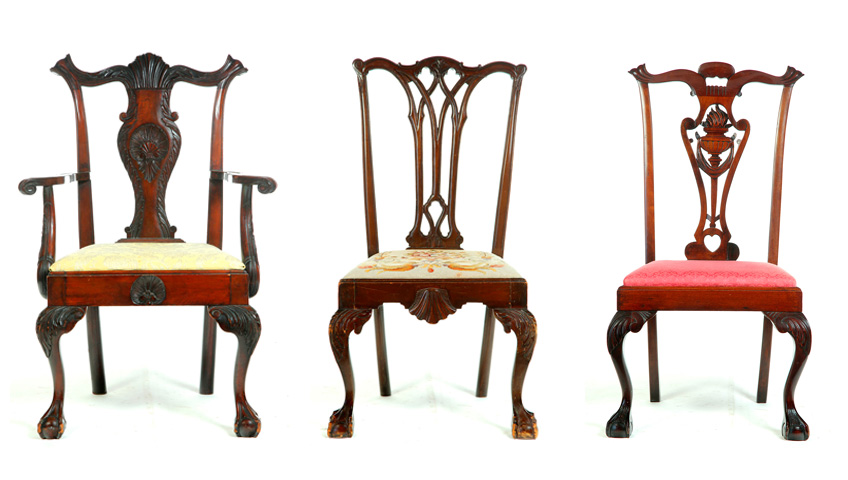 Appraisal: THREE CARVED CHIPPENDALE-STYLE CHAIRS Centennial-era mahogany Two side chairs with