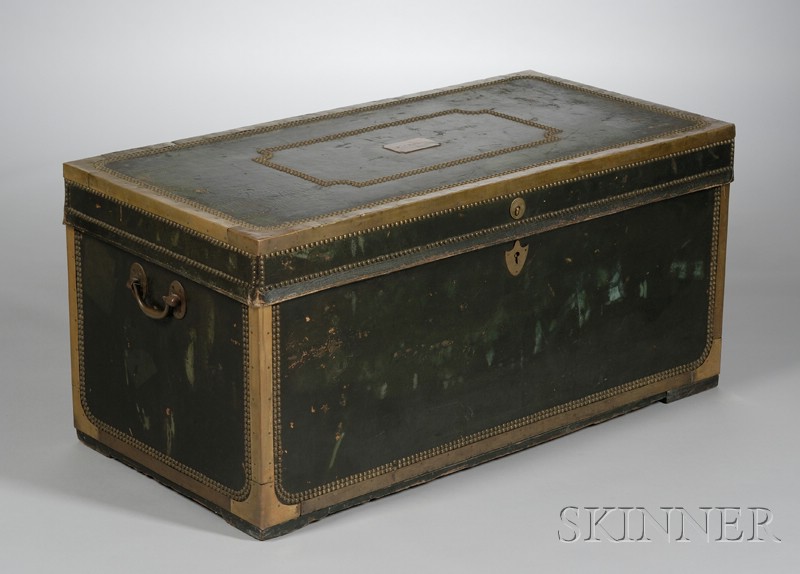 Appraisal: Chinese Export Brass-mounted Black Leather-clad Camphorwood Trunk the lid with