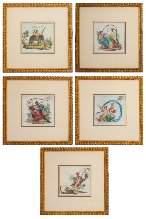 Appraisal: NEOCLASSICAL STYLE CHERUBS AND INITIALS PRINT Series of five Neoclassical