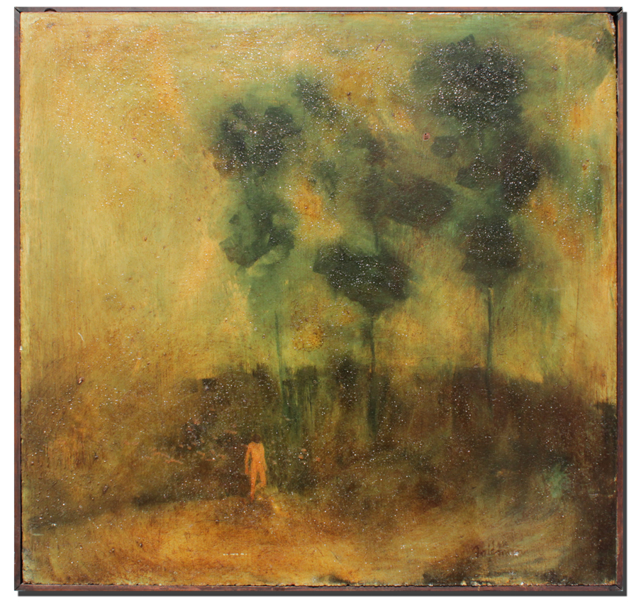 Appraisal: MID CENTURY LANDSCAPE PAINTING WITH NUDE ILLEGIBLY SIGNED Oil Wood