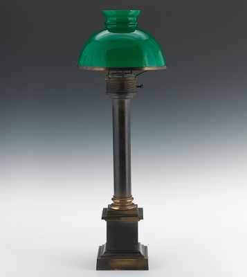 Appraisal: A Metal Column Lamp with Green Glass Shade Gunmetal finish