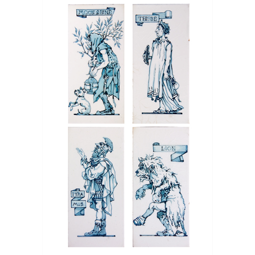 Appraisal: CHINA-PAINTING Four vertical tiles finely hand painted in Delft blue