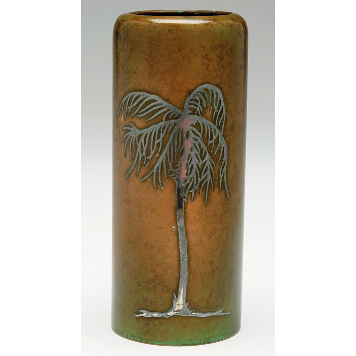 Appraisal: Unusual Heintz vase cylindrical form sterling on bronze applied palm