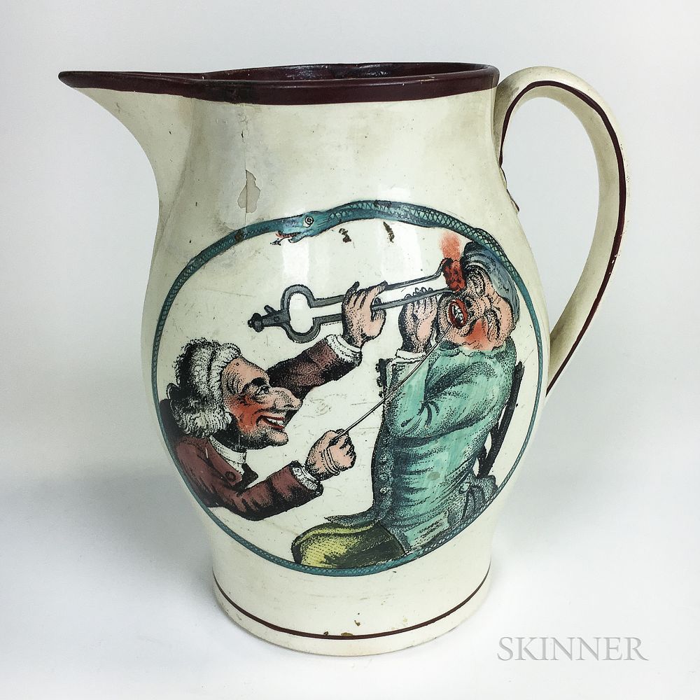 Appraisal: English Satirical Dentist-themed Creamware Pitcher English Satirical Dentist-themed Creamware Pitcher